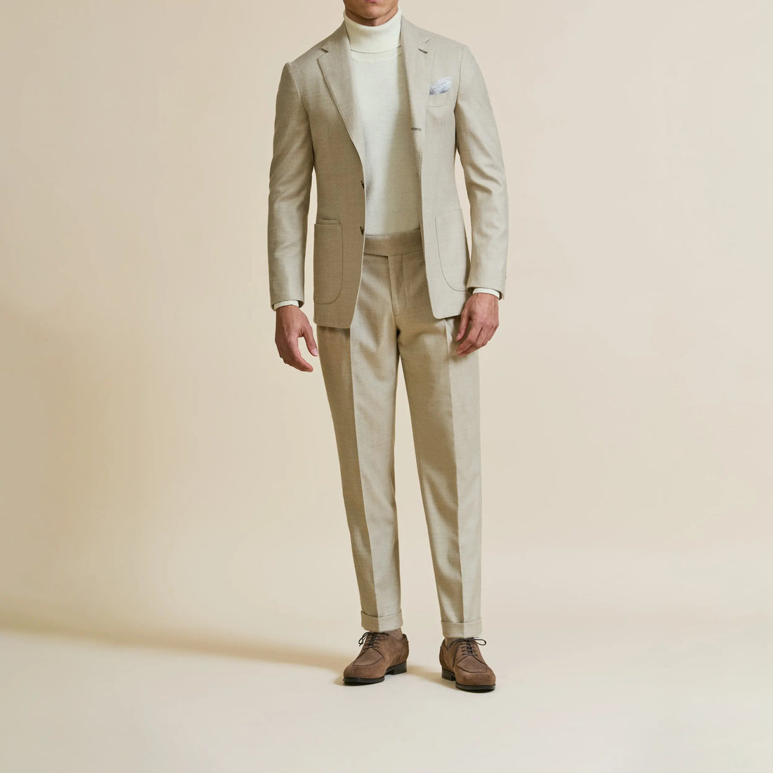 Suit - Loro Piana Beige Stretch Wool Blend Flannel 5916 OMJ Clothing
