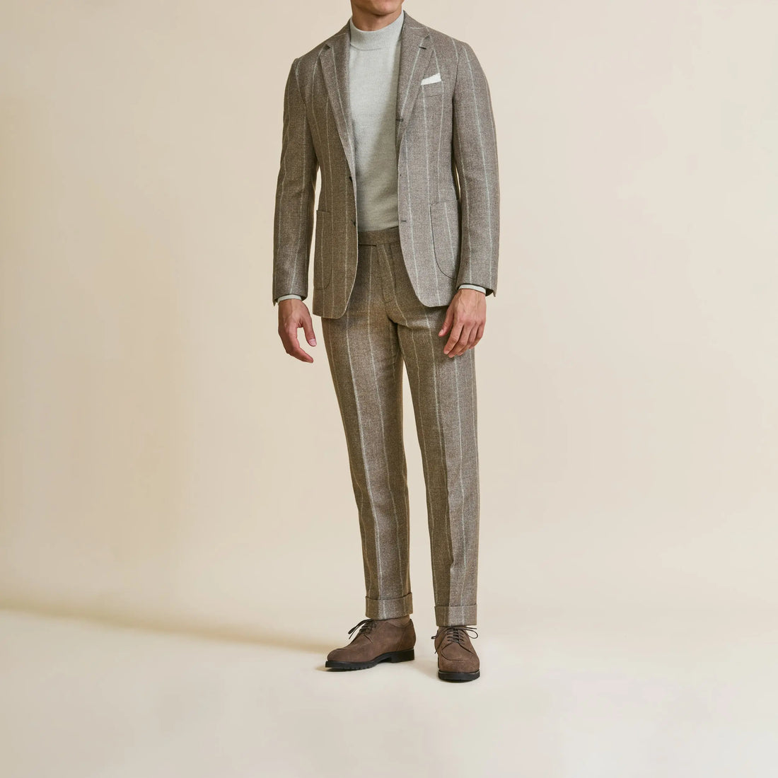 Suit - Light Brown Alpaca-Linen Blend with Chalk Stripe 5921 OMJ Clothing