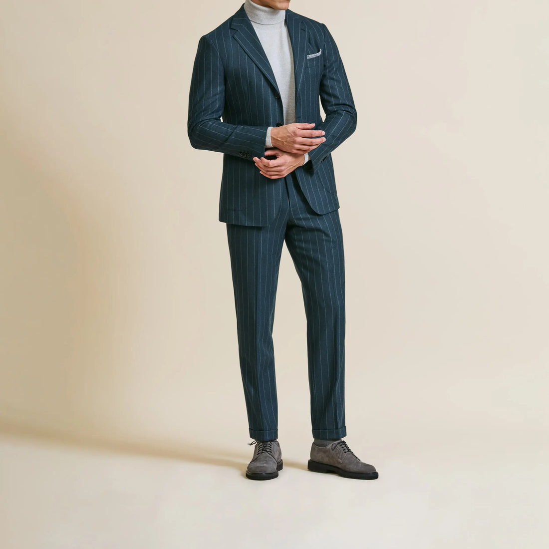 Suit - Petrol Natural Bi-Stretch s130 Wool Flannel with Chalk Stripe 5932 OMJ Clothing