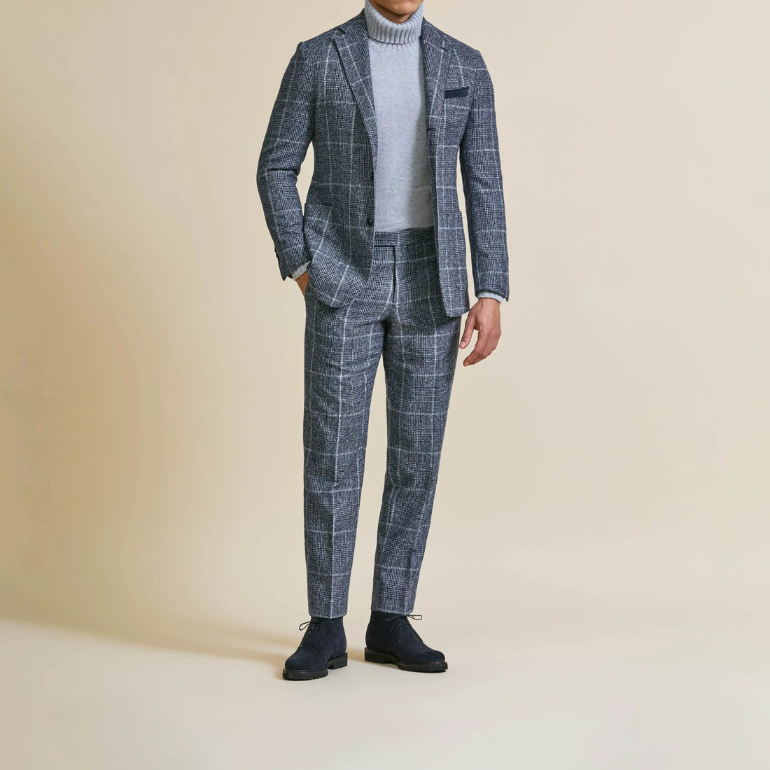 Suit - Navy Blue Alpaca Wool Blend Glencheck with Light Windowpane 5953 OMJ Clothing