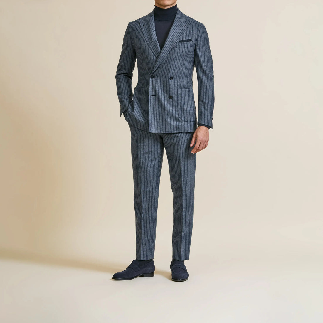 Suit - Denim Blue Natural Bi-Stretch s130 Wool Flannel with Dark Blue Stripe 5954 OMJ Clothing