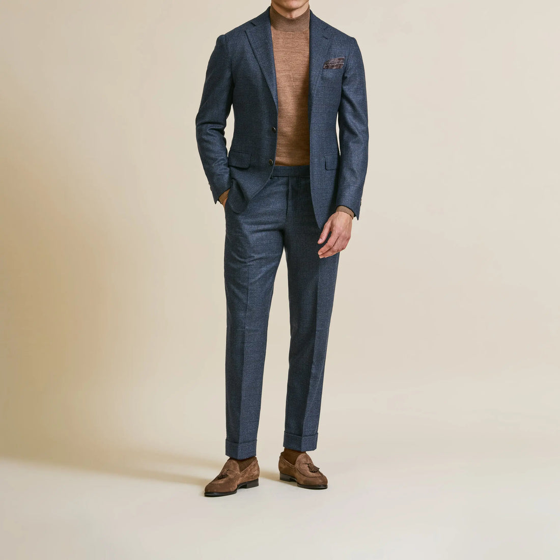 Suit - Loro Piana Storm Blue Natural Stretch s120 Wool Glencheck with Coffee Brown Overcheck 5959 OMJ Clothing