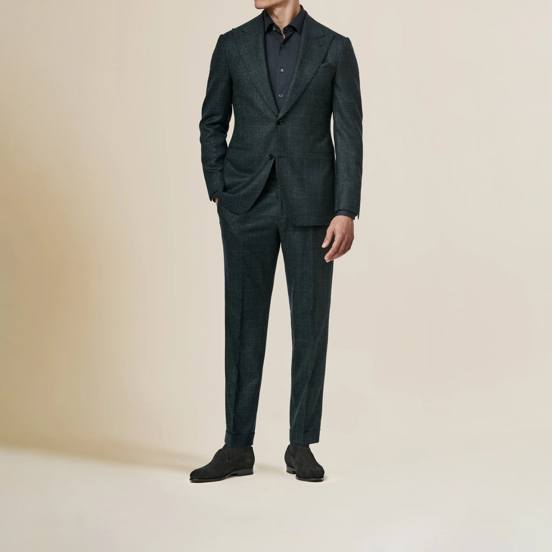 Suit - Loro Piana Bottle Green Natural Stretch s120 Wool with Blue Glencheck 5963 OMJ Clothing