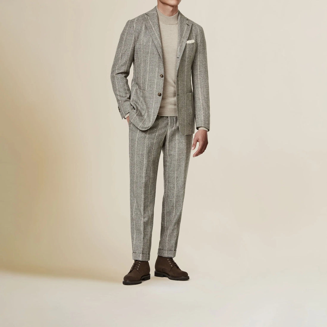 Suit - Tan-Grey Alpaca-Linen Blend with Sand Stripe 5966 OMJ Clothing