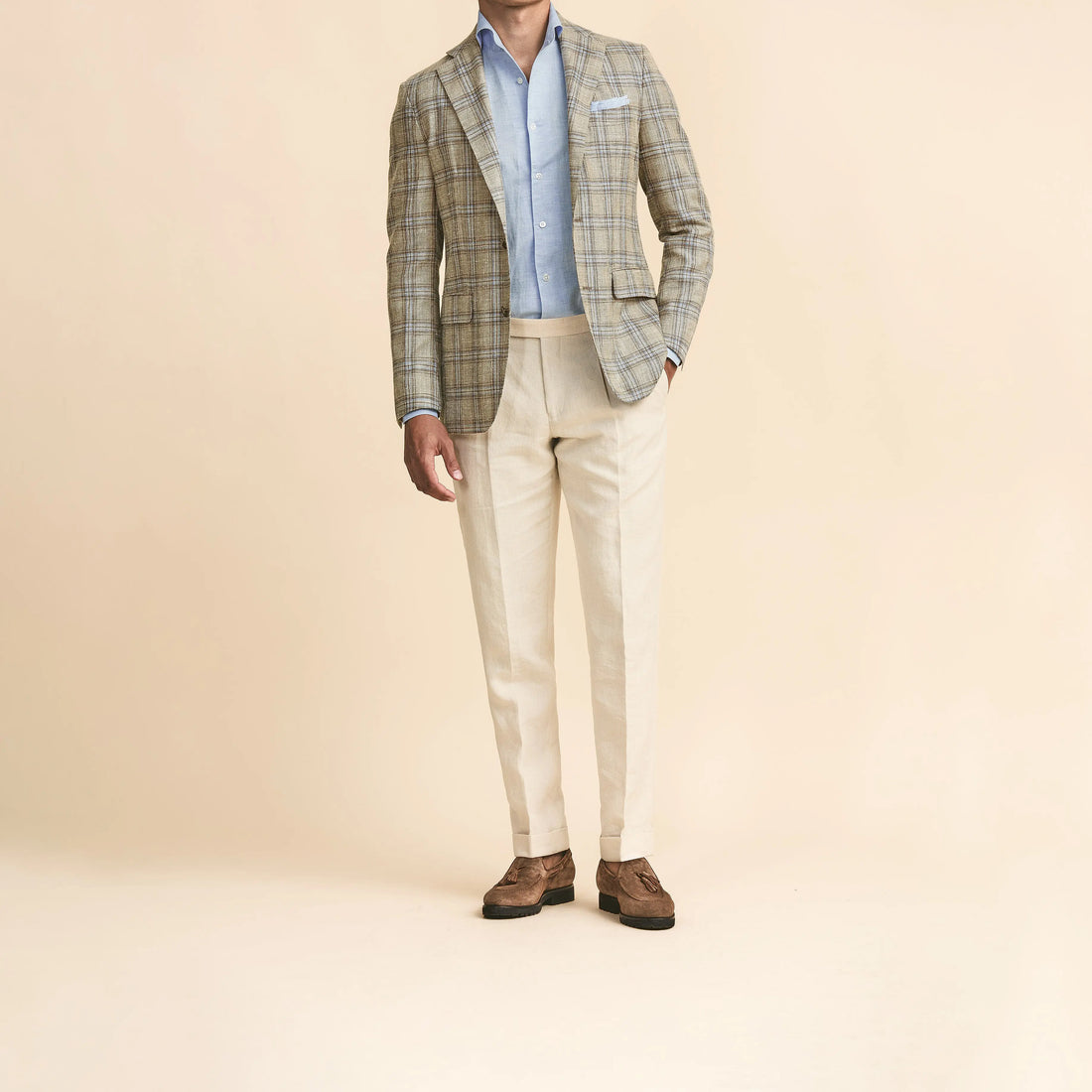 Sport Coat - Taupe Wool-Silk Linen Blend Check with Light Blue Overcheck 9101 OMJ Clothing