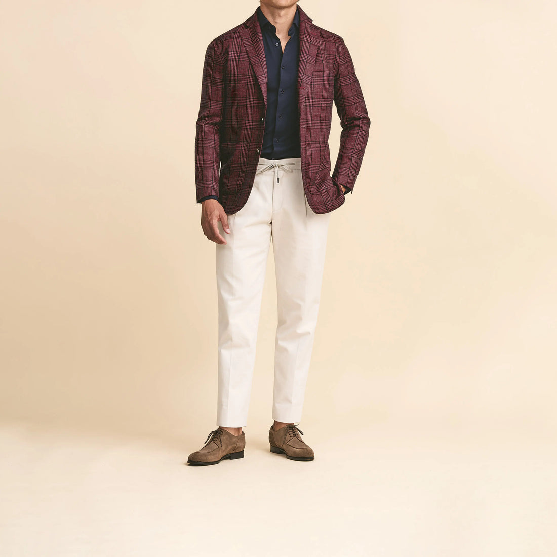 Sport Coat - Burgundy Wool, Silk, & Linen Glen Plaid with Black Overcheck 9115 OMJ Clothing