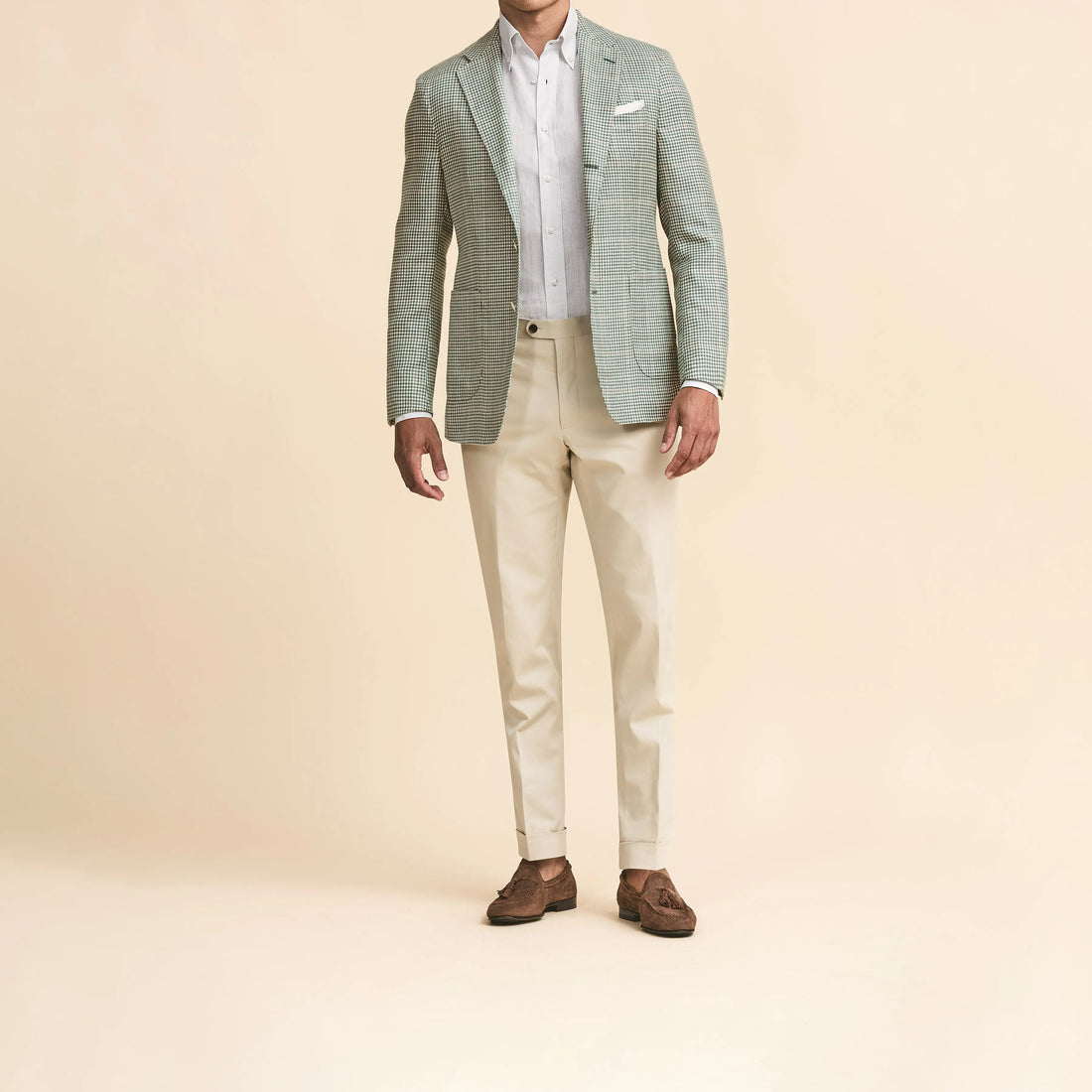 Sport Coat - Light Green-Ivory Wool-Silk-Linen Houndstooth with Sand Windowpane 9118 OMJ Clothing