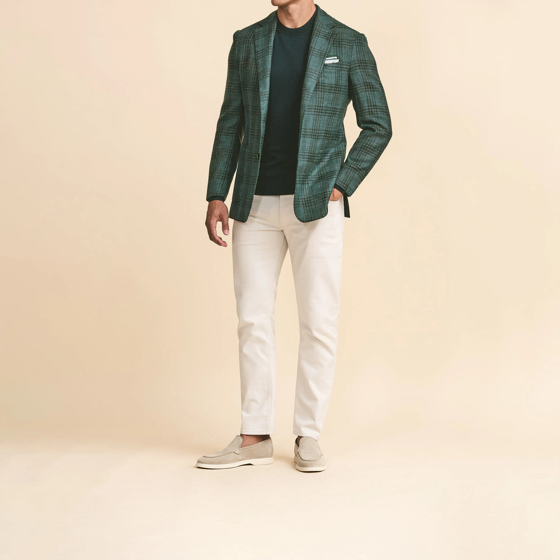 Sport Coat - Bottle Green Wool-Silk-Linen with Dark Green Overcheck 9121 OMJ Clothing