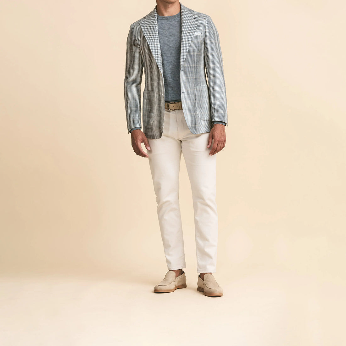 Sport Coat - Storm Blue-Ivory Wool-Silk-Linen Houndstooth with Sand Windowpane 9124 OMJ Clothing