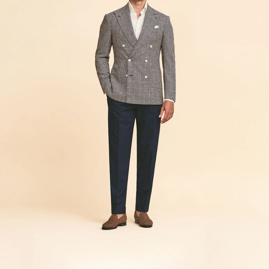 Sport Coat - Royal Blue-Ivory Wool-Silk-Linen Glencheck with Light Brown Windowpane by Loro Piana 9127 OMJ Clothing